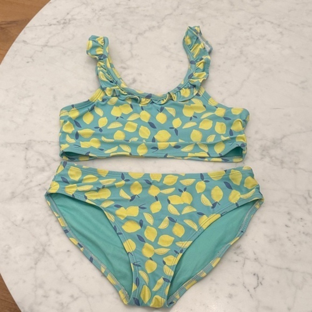 GAP Kids Lemon Print Ruffle Bikini Swimsuit Girls Size L (10/11) Blue Yellow